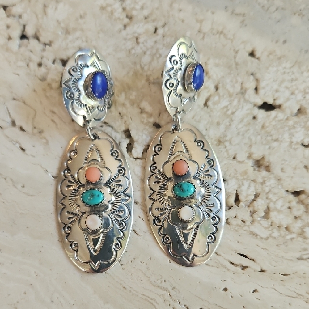 Vintage Navajo Sterling Silver Multistone Earrings Anna Begay